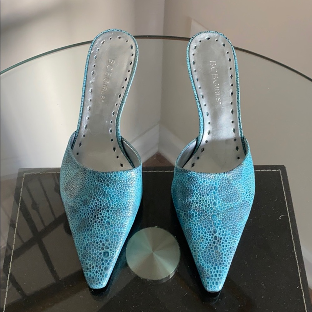 Turquoise leather mules